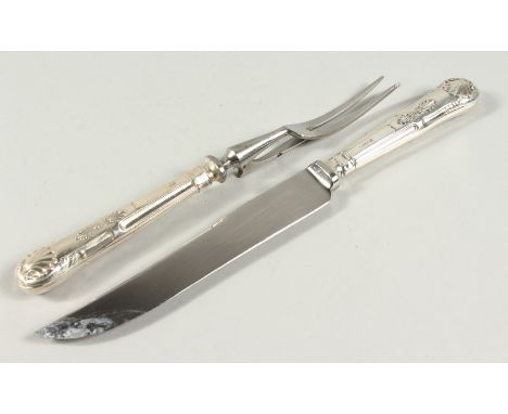 A PAIR OF QUEEN'S PATTERN CARVING KNIFE AND FORK.
