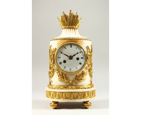 A 19TH CENTURY FRENCH ORMOLU AND MARBLE MANTLE CLOCK, with eight day movement striking on a bell, white enamel dial, in a whi