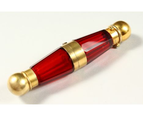 A VERY GOOD VICTORIAN SAMPSON &amp; MORDAN FOLDING FACET CUT RUBY GLASS DOUBLE ENDED SCENT BOTTLE. 13.5cms long.