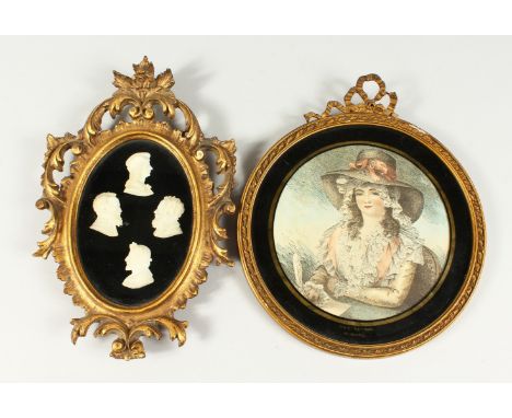A SET OF FOUR PORTRAITS in a gilt frame and a circular colour print "Hesitation" after W. Ward.