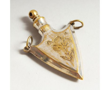 A NOVELTY ENGRAVED ARROW HEAD SHAPED SCENT BOTTLE, engraved with flowers. 6cms long.