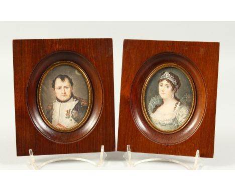 A PAIR OF EARLY 20TH CENTURY OVAL PORTRAIT MINIATURES, NAPOLEON AND JOSEPHINE, in wooden frames. Portraits 8cms x 6cms.