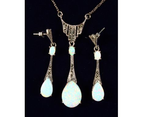 A SILVER, MARCASITE AND GILSON OPAL NECKLACE AND EARRINGS.