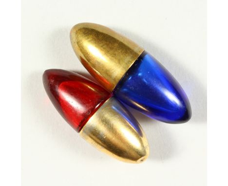 TWO TINY VICTORIAN BRISTOL BLUE AND RUBY BULLET SHAPED SCENT BOTTLES. 4cms long.