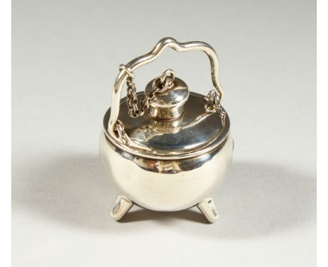 A RARE VICTORIAN NOVELTY SILVER CAULDRON SHAPED SCENT BOTTLE with swing handle and chain on three legs. Birmingham 1891. Make