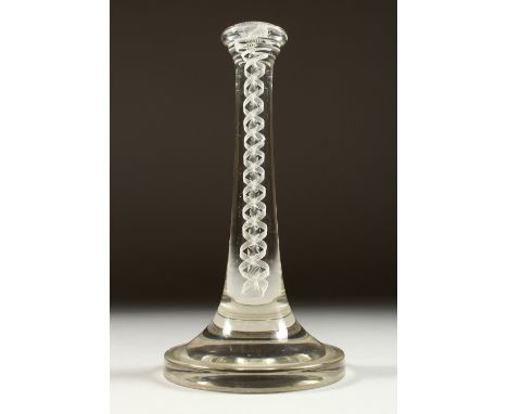 A RARE EARLY 18TH CENTURY GLASS WIG STAND with white opaque glass stem and large circular base.10ins high.