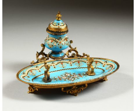 A GOOD SMALL 19TH CENTURY BLUE ENAMEL AND ORMOLU DESK STAND, with inkwell and pen tray, painted with stylized enamel decorati