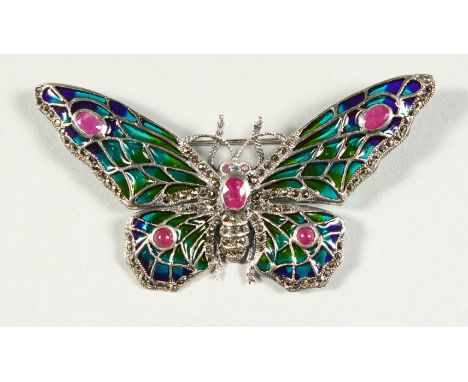 A SILVER RUBY SET PLIQUE ENAMEL BUTTERFLY BROOCH.