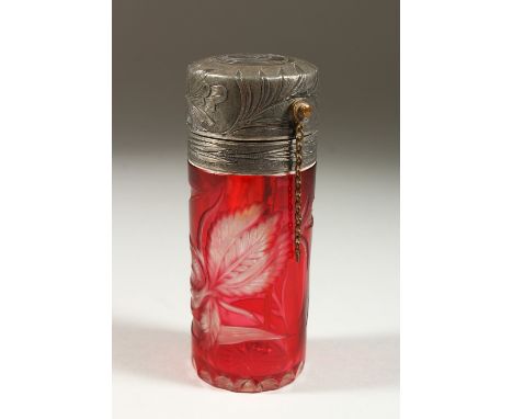 A FRENCH, CIRCA 1920, RUBY CAMEO GLASS ATOMISER FOR PERFUME, with engraved plated top. 13cms high x 5cms diameter.