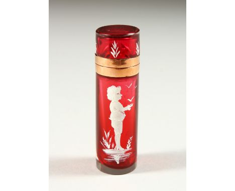 A SUPERB VICTORIAN RUBY GLASS AND GOLD MOUNTED DRUM SHAPED SCENT BOTTLE AND STOPPER with a Mary Gregory child. 7.5cms long x 