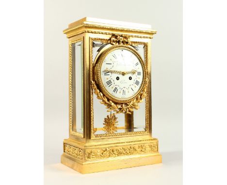 A VERY GOOD 19TH CENTURY FRENCH ORMOLU FOUR GLASS MANTLE CLOCK, with eight day movement striking on a bell, the enamel dial w