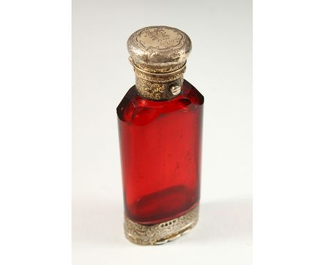 A VERY GOOD VICTORIAN PLAIN RUBY GLASS CORONATION SCENT BOTTLE AND VINAGRETTE. London 1881. Maker G. B.9.5cms long.