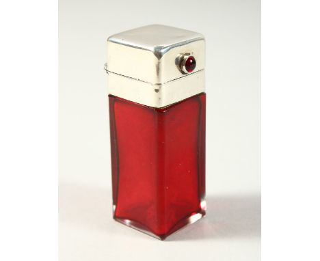 A VICTORIAN PLAIN RUBY GLASS SQUARE SHAPED SCENT BOTTLE AND STOPPER with plain silver top. Birmingham 1900. Maker C. &amp; G.