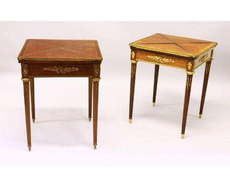 ATTRIBUTED TO FRANCOIS LINKE, A NEAR PAIR OF LATE 19TH CENTURY ROSEWOOD AND PARQUETRY ENVELOPE CARD TABLES WITH ORMOLU MOUNTS
