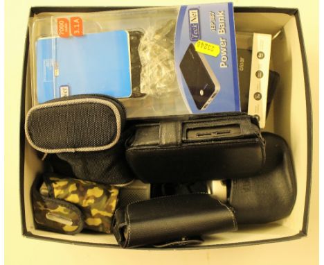 A box containing two portable battery chargers; a hip flask; tape recorder; mobile phones etc. 