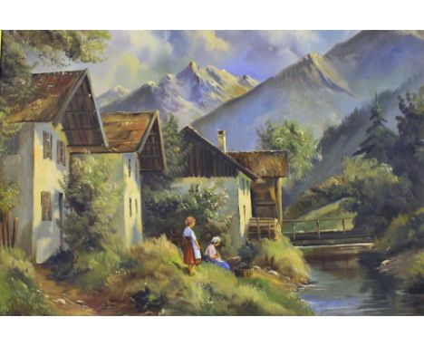 K Krautwald, a large gilt framed oil on canvas study depicting children by stream