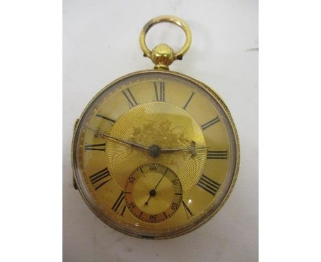 A Victorian 18ct, gold cased, open faced pocket watch having a gilt, floral engraved, engine turned dial and black Roman nume