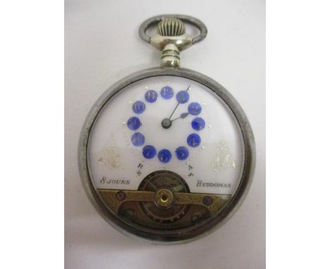 An early 20th century Hebdomas 8 day, open faced pocket watch having white enamel dial, Arabic numerals and visual escapement