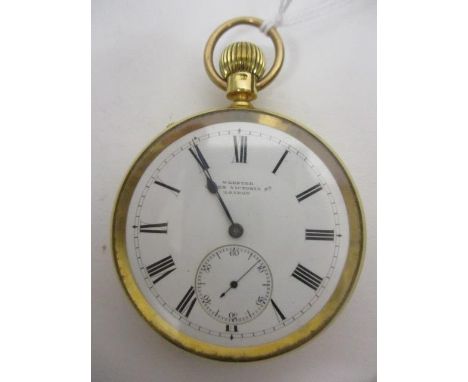 A Victorian 18ct gold cased, open faced pocket watch, the white enamel dial marked Webster, Queen Victoria St, London, the go