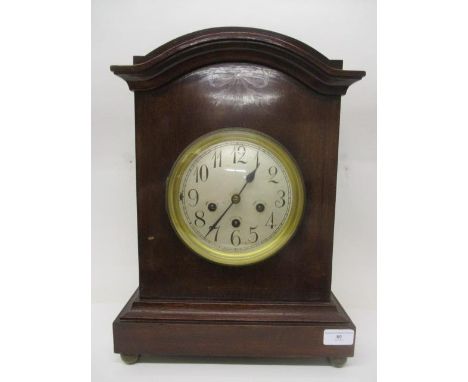 An early 20th century inlaid mahogany case mantle clock having an 8 day striking movement, inscribed Junghans B06, silvered d