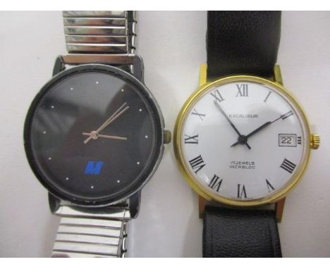 An Excalibur gents, manual wind, gold plated, 17 jewel Incabloc wristwatch having a white enamel dial and Roman numerals, 34m