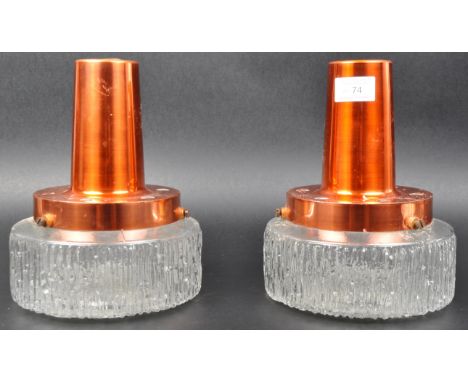 Prova Lighting - A matching pair of retro mid 20th Century ceiling lights with each having copper effect mounts and deep circ