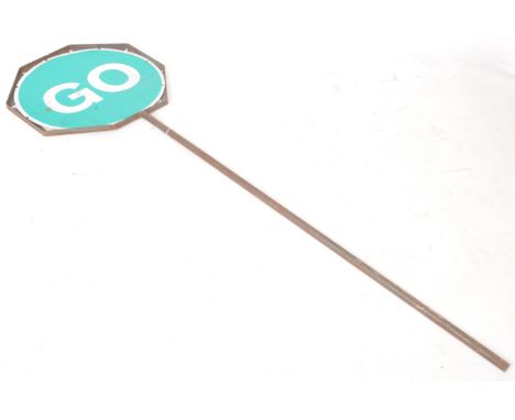 A 20th century retro vintage industrial metal ' STOP ' and ' GO ' traffic road motoring car lollipop enamel&nbsp; sign having