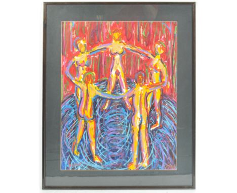 A retro 20th Century mixed media on paper erotic painting entitled 'The Circle'. The painting depicting nude figures. Signed 