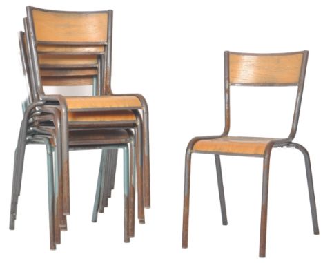 A matching set of five retro 20th Century stacking dining / school chairs with each having bentwood panel back and seat rests