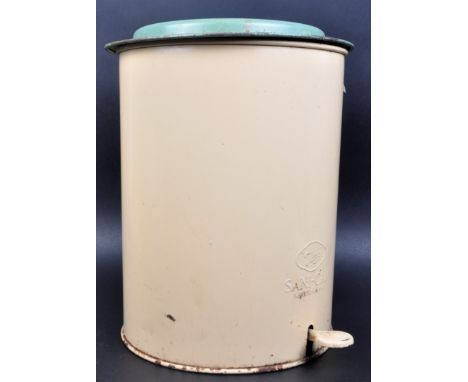 Sani-Can - "Tala" - A retro vintage mid 20th Century enamel pedal bin of cylindrical form having a turquoise cover and cream 