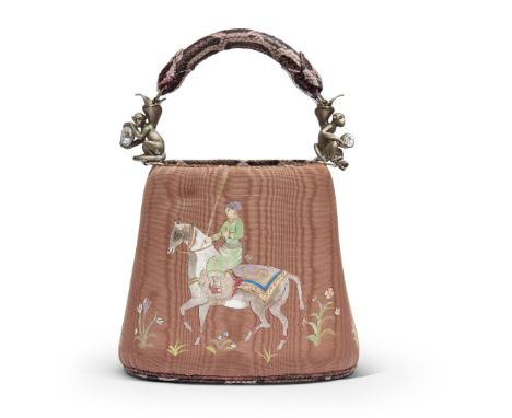 in hand-painted ancient oriental silk, with dark pink "python printed" leather edging with rigid handle, supported by metal d