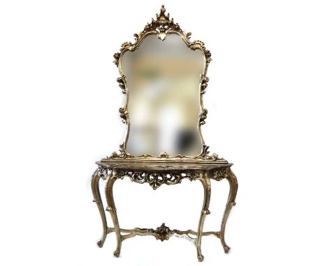 Roccoco style console table with mirror A late 20th Century silver painted marble top Roccoco style console table with mirror