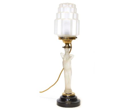 Art Deco style lamp Art Deco style Frosted glass table lamp and shade in the form of a semi-nude woman standing on a black st