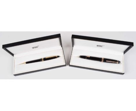 Two Montblanc pens, two Montblanc leather pen pouches and an ink bottle (5). Montblanc Meisterstück Classique Rose-Gold-coate