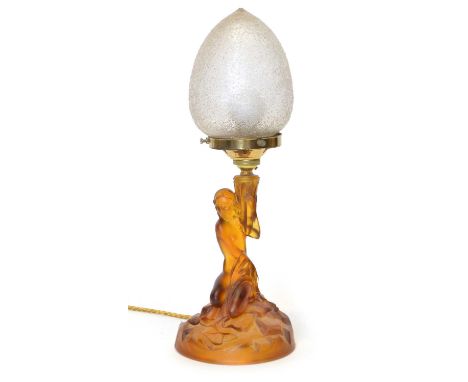 Art Deco style amber-tinged table lamp Art Deco style amber-tinged pressed frosted glass table lamp and shade in the form of 