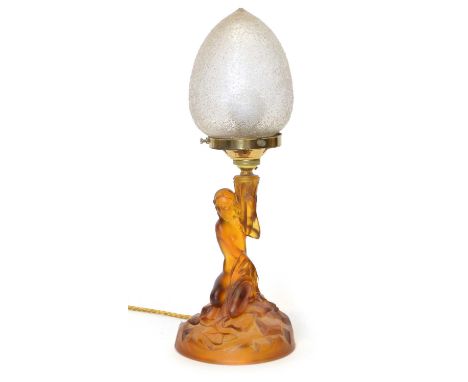 Art Deco style amber-tinged table lamp Art Deco style amber-tinged pressed frosted glass table lamp and shade in the form of 