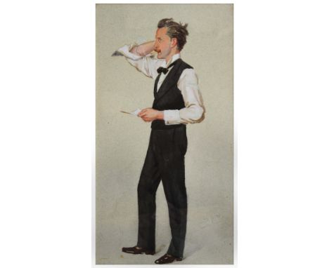 SIR LESLIE MATTHEW WARD (1851-1922) Portrait of a gentleman smoking, well dressed in evening attire and holding a letter, sig