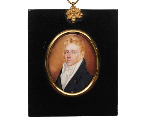 ENGLISH SCHOOL (EARLY 19TH CENTURY) Portrait of a gentleman with blond hair wearing white stock and navy blue jacket, indisti