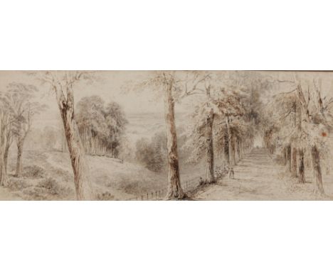 PERCIVAL SKELTON (19TH/20TH CENTURY) Figures walking through an avenue of trees, signed, pen, ink, pencil and brown wash draw