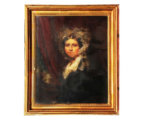 ENGLISH SCHOOL (EARLY 19TH CENTURY) Portrait of a lady wearing frilled bonnet against a red velvet curtain with landscape bey