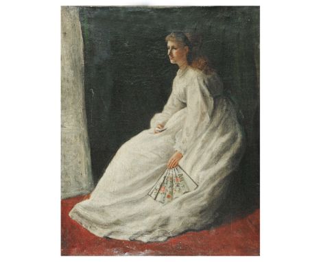 ENGLISH SCHOOL (LATE 19TH CENTURY) Portrait of a seated female beauty in white dress holding a fan, oil on canvas, 53 x 43cm,