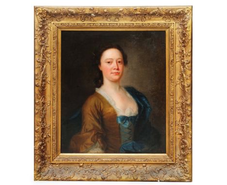 CIRCLE OF THOMAS HUDSON (1701-1779) Half length portrait of a lady wearing a brown dress with blue shawl, oil on canvas, 72 x