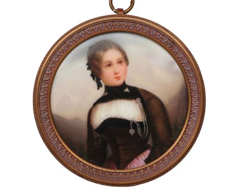 19TH CENTURY CONTINENTAL SCHOOL Portrait of a young lady in a landscape with mountain range in the distance, 6cm tondo