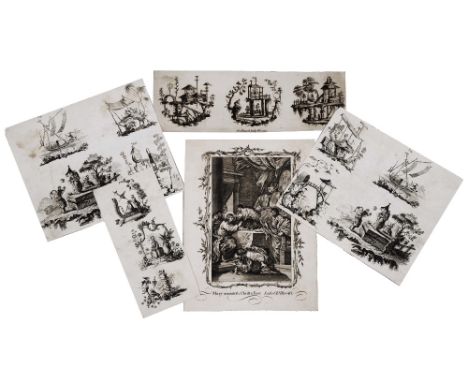 ROBERT HANCOCK OF WORCESTER (1730-1817) Chinoiserie designs, three engravings on one sheet, 8.5 x 25cm; three further similar