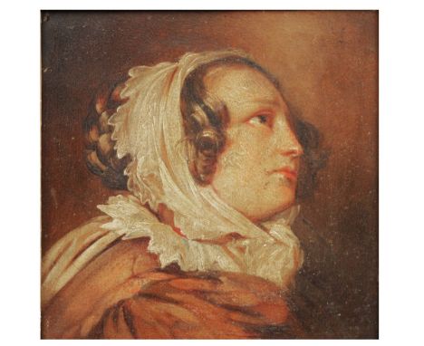 ENGLISH SCHOOL (EARLY 19TH CENTURY) Head and shoulders portrait of a lady, side profile wearing a head scarf, indistinctly in