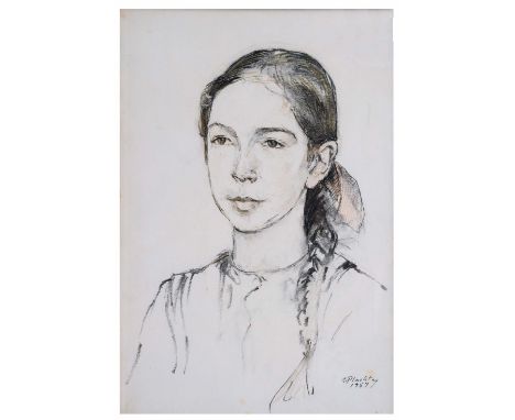 ERNA PLACHTE (1893-1986) Head and shoulders portrait of a young girl, signed and dated 1957, pencil and sepia chalks, 41 x 29