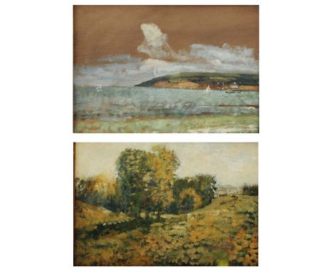 HARRY BUSH (1883-1957) 'Seascape with Headland' and 'A Wooded Landscape', a pair, each stamped with studio stamp verso, oils 