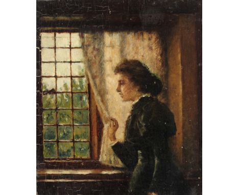 19TH CENTURY ENGLISH SCHOOL Portrait of a lady at a window, oil on canvas laid onto panel, 22 x 18.5cm, unframed