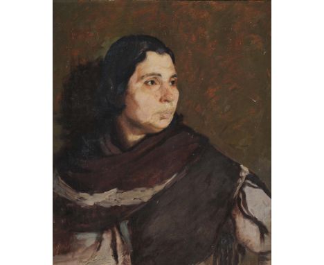 20TH CENTURY CONTINENTAL SCHOOL Head and shoulders portrait of a lady wearing brown shawl, indistinctly signed and dated, oil