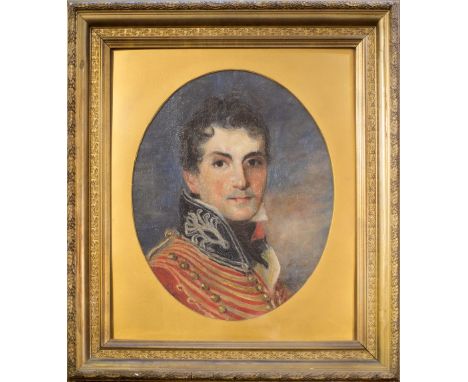19TH CENTURY ENGLISH SCHOOL Head and shoulders portrait of a soldier in red coat, oil on canvas, 48 x 39cm oval